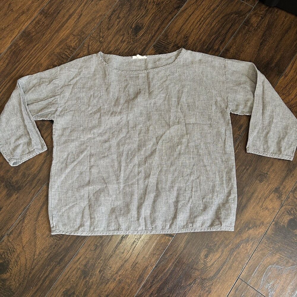 Eileen Fisher Grey White Stripe Hemp Organic Cotton Boxy Top XS Coastal Euro